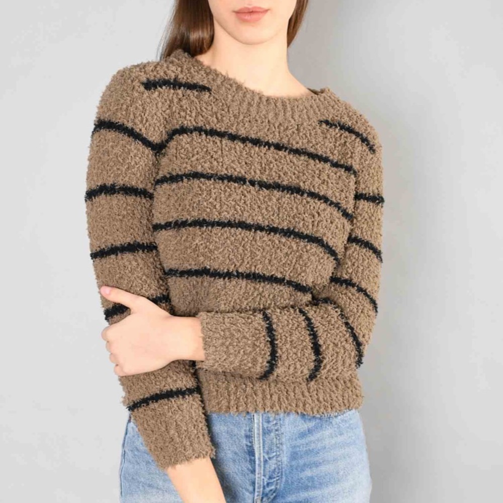VINCE Fuzzy Shag Tan Striped Pullover Sweater M
